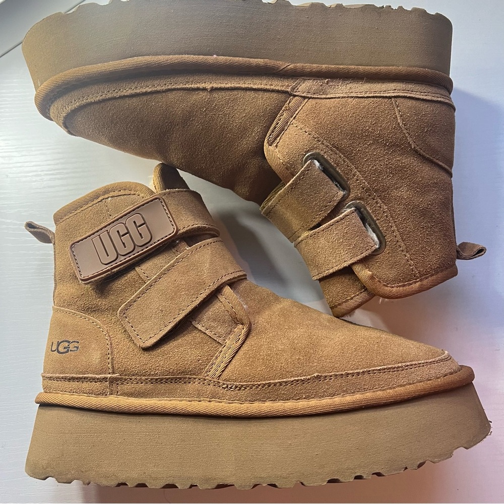 UGG Tan Platform Ankle Boots with Velcro Straps